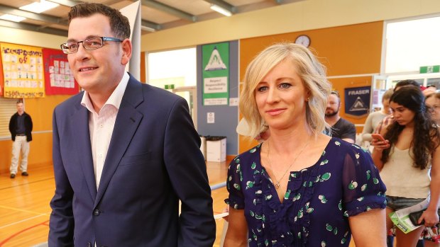 Daniel Andrews and his wife Catherine Andrews at Albany Rise Primary School, Mulgrave on Saturday. 
