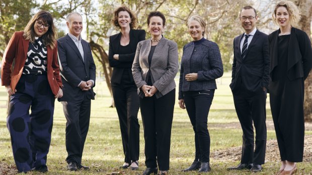 City of Sydney independent candidates, from left: Jess Scully, Philip Thalis, Catherine Lezer, Clover Moore, Kerrin Phelps, Robert Kok and Jess Miller. 