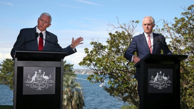 US Vice-President Mike Pence, left, during a joint press conference with Prime Minister Malcolm Turnbull.