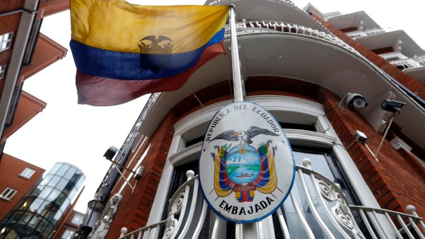 The Ecuadorian flag flies outside the Ecuadorian embassy in London, where Julian Assange has lived since 2012.