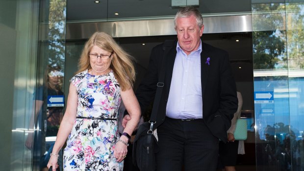 Faye and Mark Leveson leave the Glebe Coroners Court on Thursday.