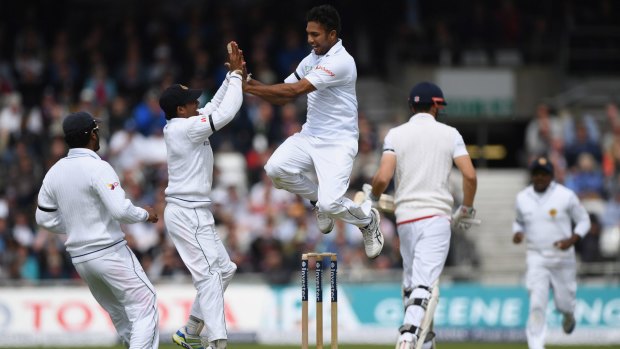 Sri Lanka bowler Dasun Shanaka celebrates after dismissing England batsman Alastair Cook.