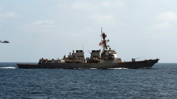 The USS Mason conducts maneuvers as part of a exercise in the Gulf of Oman.