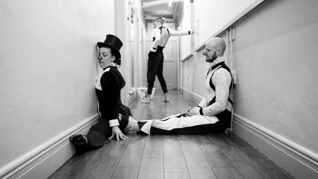 Performers from Australian circus company Circa do some last minute stretching backstage at the Opera House Theatre in Wellington, in preparation for their production of <i>Carnival of the Animals</i>.