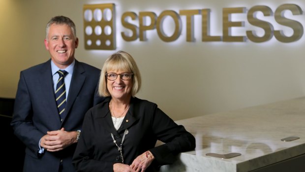Spotless CEO Martin Sheppard with former chairman Margaret Jackson.