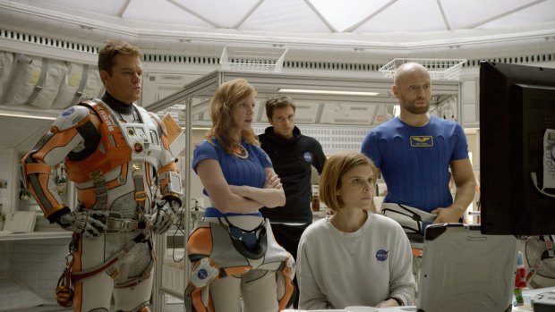 Matt Damon, Jessica Chastain, Kate Mara, Sebastian Stan and Aksel Hennie. in <i>The Martian</i>.