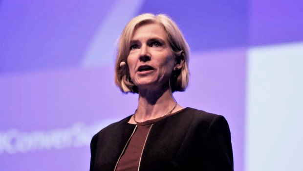 Jennifer Doudna, seen here speaking at the Melbourne Convention Centre, is one of the key figures in the row over who owns CRISPR technology. 