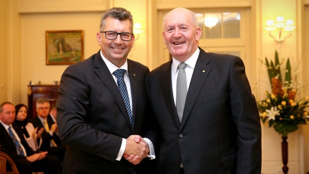 Keith Pitt with Governor-General Sir Peter Cosgrove at his swearing in as assistant minister for trade, investment and tourism in 2016. 