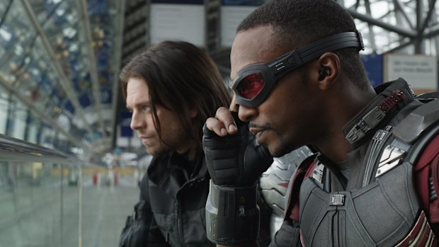 Marvel's Captain America: Civil War..L to R: Winter Soldier/Bucky Barnes (Sebastian Stan) and Sam Wilson/Falcon (Anthony Mackie)..Photo Credit: Film Frame..? Marvel 2016 Marvel's Captain America: Civil War..L to R: Winter Soldier/Bucky Barnes (Sebastian Stan) and Sam Wilson/Falcon (Anthony Mackie)..Photo Credit: Film Frame..?? Marvel 2016