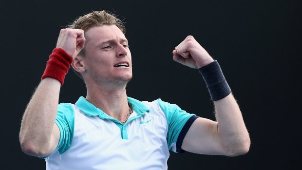 Blake Mott celebrates after beating Ireland's James McGee to clinch a place in the Australian Open main draw.