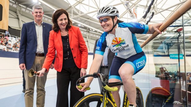 Queensland Minister for Transport Stirling Hinchliff, Premier Anna Palaszczuk and Olympic cyclist Anna Meares at the new velodrome in Chandler named in Meares' honour.