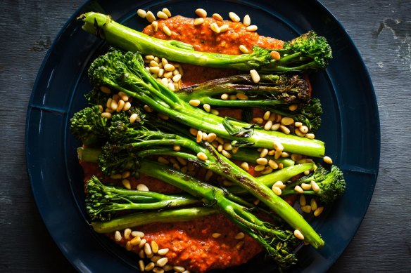Spanish-inspired vegie side: Roasted broccolini with romesco.