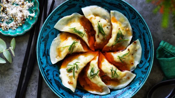 Kylie Kwong's crab dumplings with chilli oil and Sichuan pepper and salt.