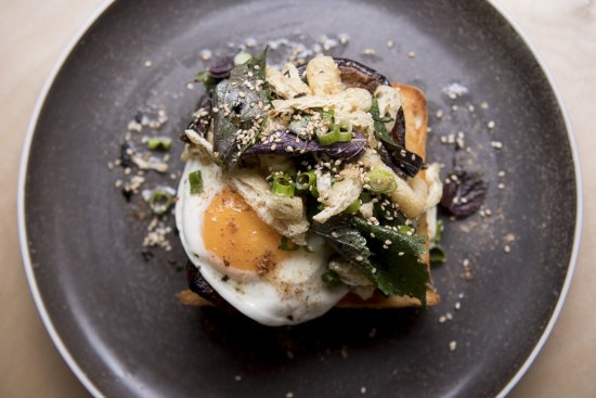 Japanesque: Miso eggplant and fried egg on toast.