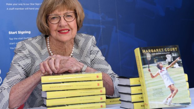 Margaret Court poses with her autobiography at the Australian Open in January.