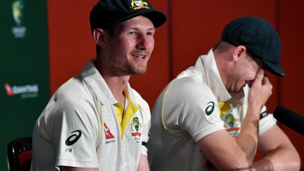 Cameron Bancroft (left) and Steve Smith joke about the Bairstow headbutt.