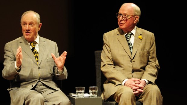 Gilbert and George talk with National Gallery of Australia director Gerard Vaughan at the NGA on December 1.