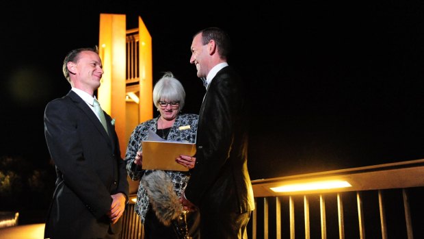 First Australian legal same sex marriage. ACT celebrant Sharyn Gunn officiates over Australia's first Australian legal same sex marriage between Alan Wright (left) and Joel Player, at one minute past 12 midnight on Saturday, December 7, 2013.
