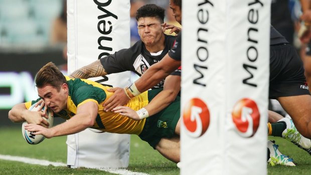 Comfortable win: Connor Watson of the Junior Kangaroos scores a try.