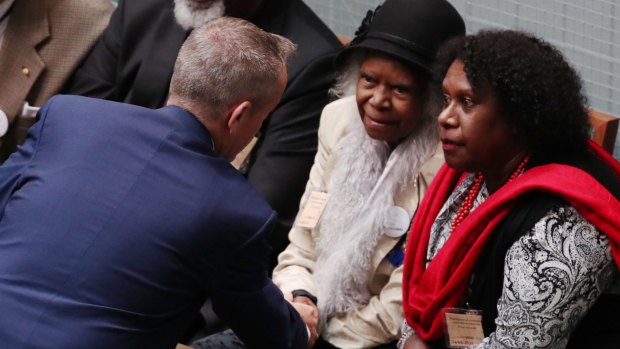 Opposition Leader Bill Shorten with Bonita Mabo after an address on the 50th anniversary of the 1967 referendum at Parliament House.