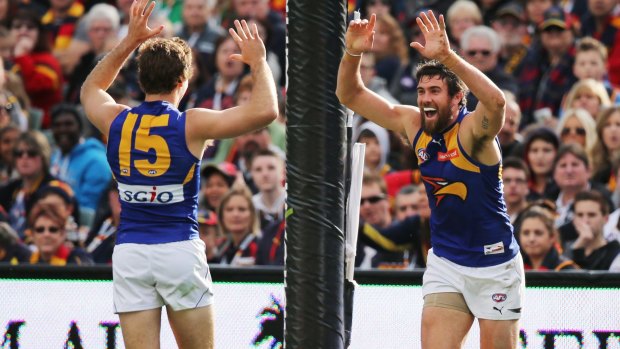 Jamie Cripps and Josh Kennedy celebrate another goal in last year's round 19 win over Adelaide, a turning point in West Coast's rise from also-ran to grand finalist.