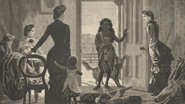 "Christmas Day in the Far North - a visit from a king's daughter."  Supplement to the Illustrated Australian News, 19 December 1885. From the book <i>Skin Deep</i> by Liz Conor.