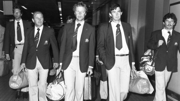 Australian cricket manager Fred Bennett (second left) with members of the touring party at London's Heathrow airport when they arrived for the forthcoming Test series against England in 1981.  With him are the captain, Kim Hughes, (third left), John Dyson, (second right) and Allan Border (right). 