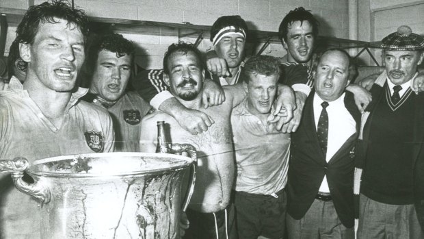 No going back: Alan Jones (second from right) celebrates a Bledisloe Cup win with the Wallabies in 1986.
