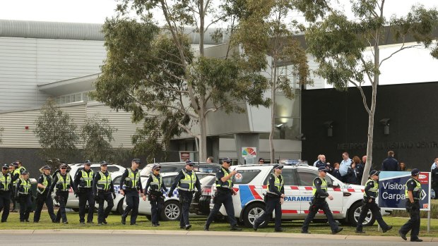 Members of Victoria Police and paramedics at Ravenhall prison where inmates rioted.  