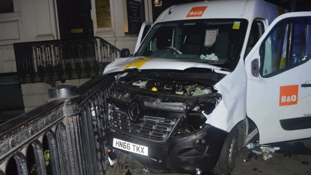 The van used in the London Bridge attack on June 3. Police say      homemade petrol bombs were found in the back.