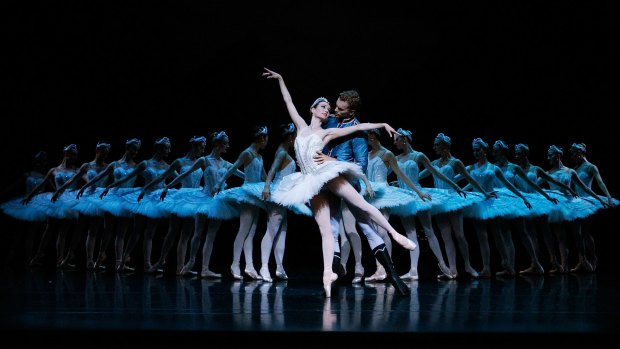 Dancers perform on stage during rehearsal of the Australian Ballet's production of Swan Lake.