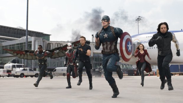 Team Cap: From left, Falcon (Anthony Mackie), Ant-Man (Paul Rudd), Hawkeye (Jeremy Renner), Captain America (Chris Evans), Scarlet Witch (Elizabeth Olsen) and Winter Soldier (Sebastian Stan) prepare to take on Team Iron Man.