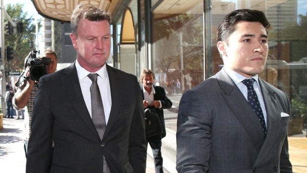 Anthony Bell (left) arrives with his legal team at the Downing Centre court in Sydney in May. 