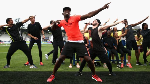 Usain Bolt performs for fans  at Lakeside Stadium.