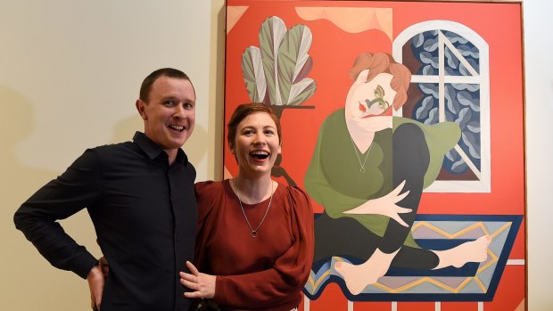 Mitch Cairns and Agatha Gothe-Snape with his Archibald Prize winning portrait of her. 
