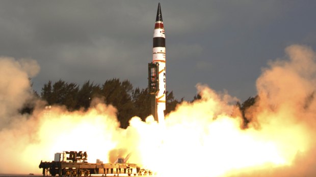 Indian official photograph from 2012 showing it successfully test launched a nuclear-capable missile.