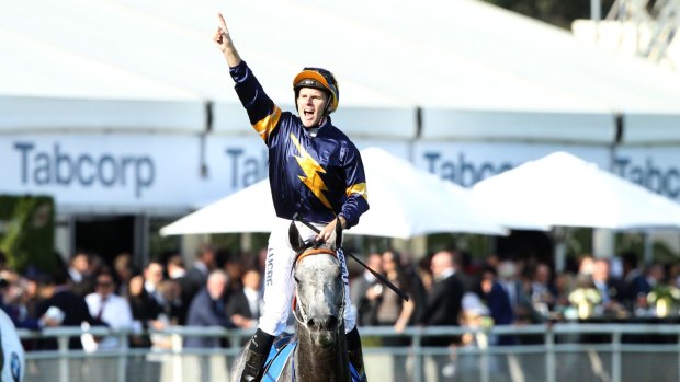All class: Tommy Berry celebrates after Chautauqua won the TJ Smith Stakes.