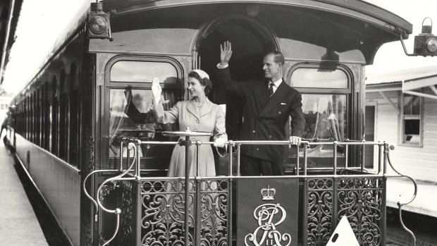 Elizabeth II and Prince Phillip on the royal train at Central Railway Station, Sydney, in 1954.