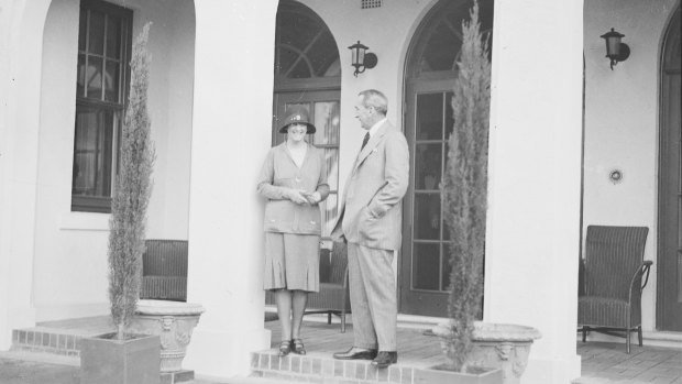 Prime minister Stanley Bruce and his wife Ethel on the porch of The Lodge in 1927.
