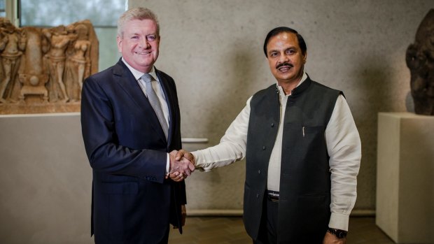 The National Gallery of Australia is returning two sculptures to the government of India following the discovery of new evidence about their provence and removal from India. from left, Minister for Arts Mitch Fifield, and the Honourable Dr Mahesh Sharma.