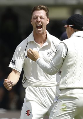 New Zealand's Matt Henry celebrates the wicket of England's captain Alastair Cook.