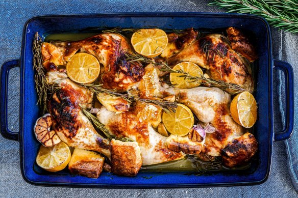 One-pan wonder: Roast chicken marylands and haloumi cheese with added fresh honeycomb (if you're feeling extra).