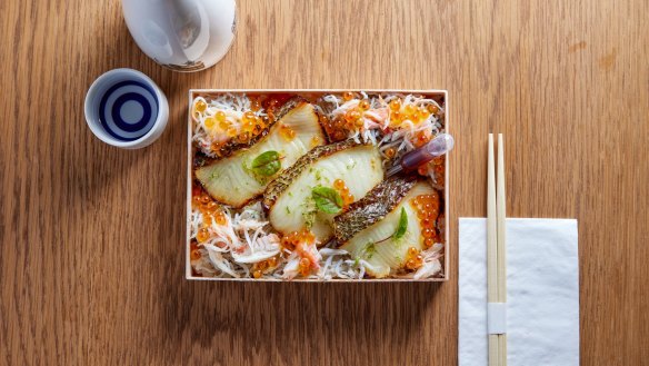 Glacier 51 toothfish dish and baked saikyo miso cod served over sushi rice with king crab meat, Japanese whitebait and ikura-style salmon roe.