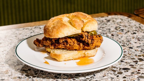 Fried chicken biscuit with hot honey at Valentinas.
