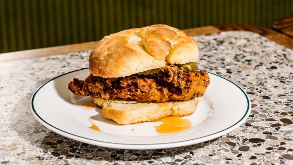 Fried chicken biscuit with hot honey at Valentinas.