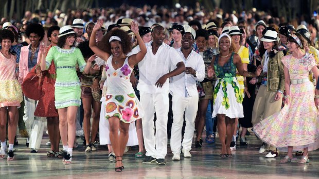 Models and dancers on the catwalk in Chanel’s fashion show in Havana in May.