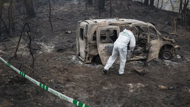 A police scientist inspects the remains of the car where two women died after a wildfire in Pontevedra, Spain.