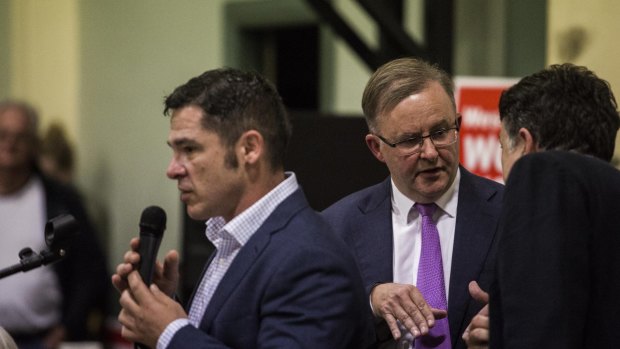 Jim Casey (left), the Greens' candidate for Grayndler, and Labor frontbencher Anthony Albanese at a forum in Balmain this month.