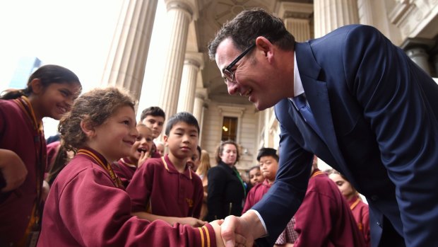 Victorian Premier Daniel Andrews announced the State Government's climate change pledge during a visit to Parliament by grade one students from Mill Park Heights Primary School.