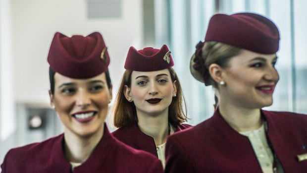 Qatar Airways flight attendants at Canberra International Airport. 